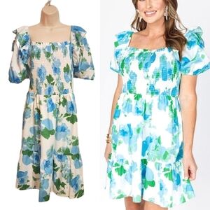 ❗️SOLD❗️Sugar Lips Floral Smocked Puff Sleeve Mini Dress Blue White 3X